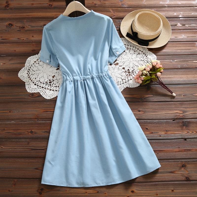 Women's Rabbit Embroidery Blue Cotton Dress Women's Rabbit Embroidery Blue Cotton Dress