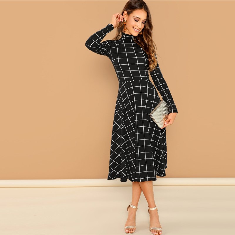 Women's Fit And Flare Black Plaid Dress Women's Fit And Flare Black Plaid Dress