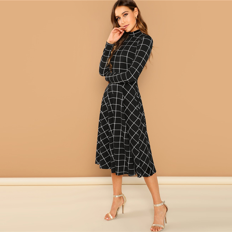Women's Fit And Flare Black Plaid Dress Women's Fit And Flare Black Plaid Dress