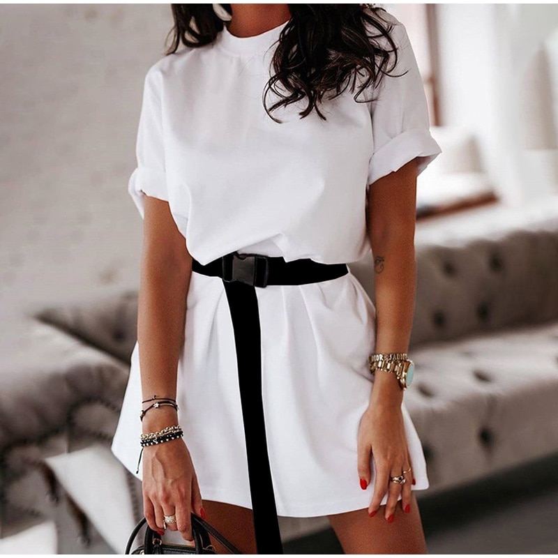 Summer Women's Shirt Style Mini Dress with Black Belt